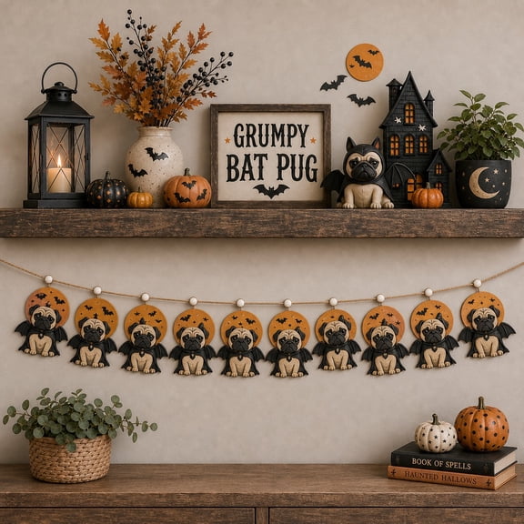 Wooden Garland Grumpy Bat Pug Wood Hanging Decoration for Halloween Dog Lovers