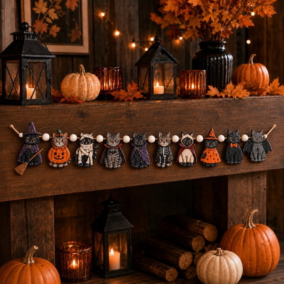 Wooden Garland, Halloween Cat Characters, Mantel Hanging Decor for Pet Lovers