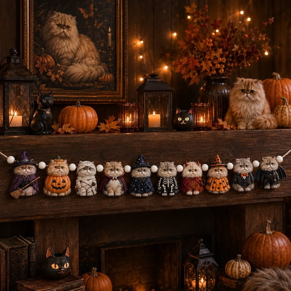 Wooden Garland, Halloween Cat Characters, Mantel Hanging Decoration for Parties