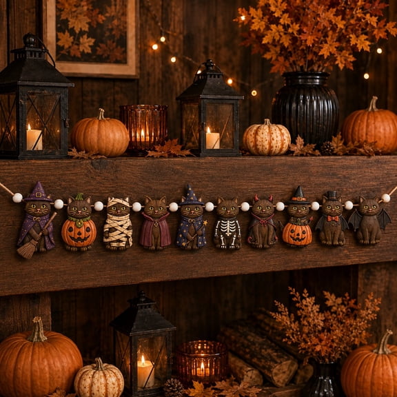 Wooden Garland Halloween Cat Characters for Mantel Decoration and Seasonal Party Hosts