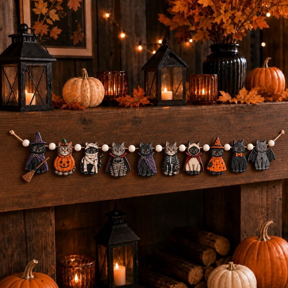 Wooden Garland, Halloween Cat Characters for Mantel Decoration