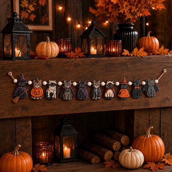 Wooden Garland, Halloween Cat Witch Pumpkin Skeleton Bat Decorations for Mantel
