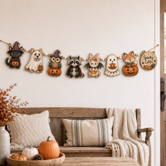Wooden Garland Halloween Cute Animals Wood Hanging Banner for Spooky Season Decor