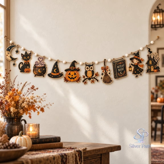 Ornament Wooden Garland, Halloween Pumpkin Cat Witchy Mantel Hanging for Seasonal Decor