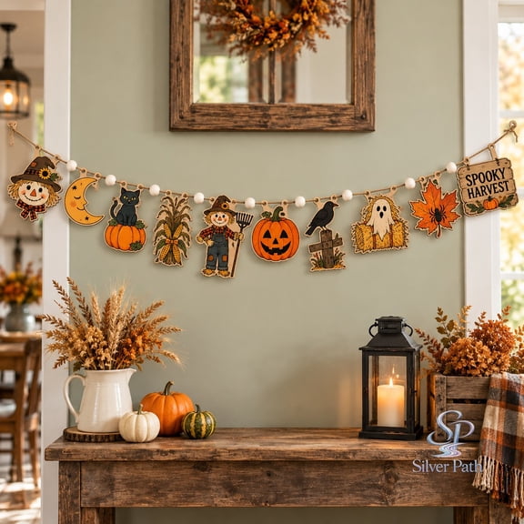 Ornament Wooden Garland, Halloween Pumpkin Cat and Scarecrow Harvest Theme for Mantel Decor