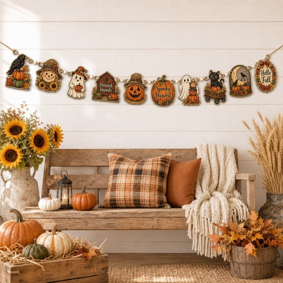 Wooden Garland Halloween Pumpkin Ghost Scarecrow Hanging Banner for Spooky Harvest Fall Decor