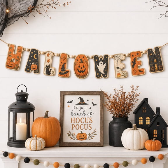 Wooden Garland Halloween Pumpkin Letters Wood Mantel Hanging for Halloween Parties
