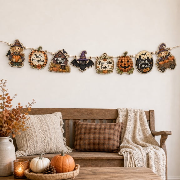 Wooden Garland Halloween Pumpkin Patch Wood Hanging Banner for Fall Entryway Decor