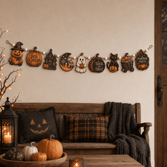 Wooden Garland Halloween Pumpkin Wood Hanging Banner for Entryway Halloween Party