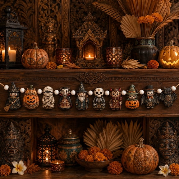 Wooden Garland Halloween Witch Pumpkin Mummy Vampire Bat Mantel Party Decor