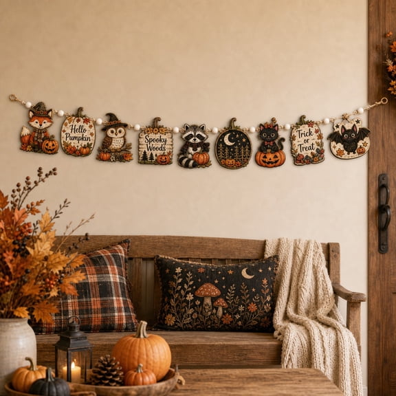 Wooden Garland Halloween Woodland Animals Wood Hanging Banner for Fall Party Entryway