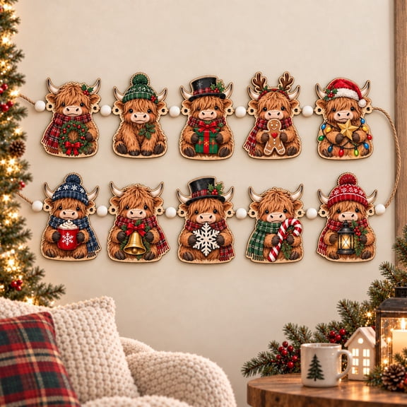 Wooden Garland Highland Cow Christmas Decorations for Rustic Farmhouse Display and Animal Lovers
