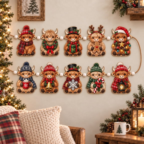 Wooden Garland Highland Cow Christmas Ornaments for Rustic Farmhouse Mantel, Holiday Host Gift
