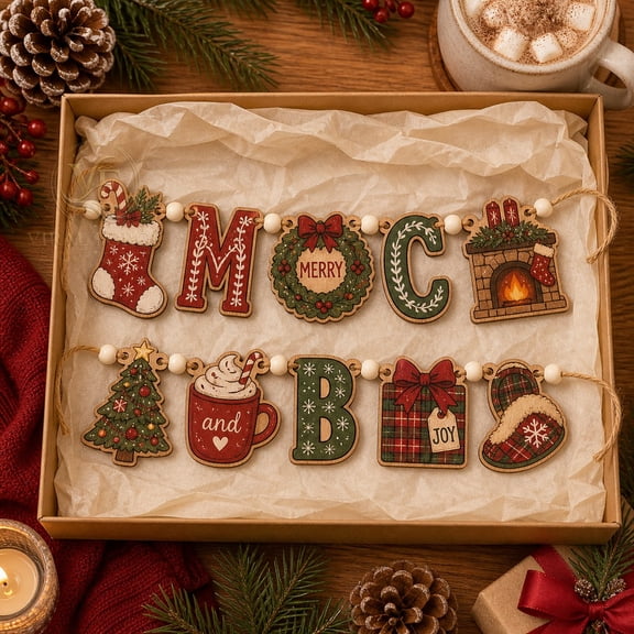Wooden Garland Merry and Bright Christmas Beads Wood Mantel Display for Cozy Holiday Decor