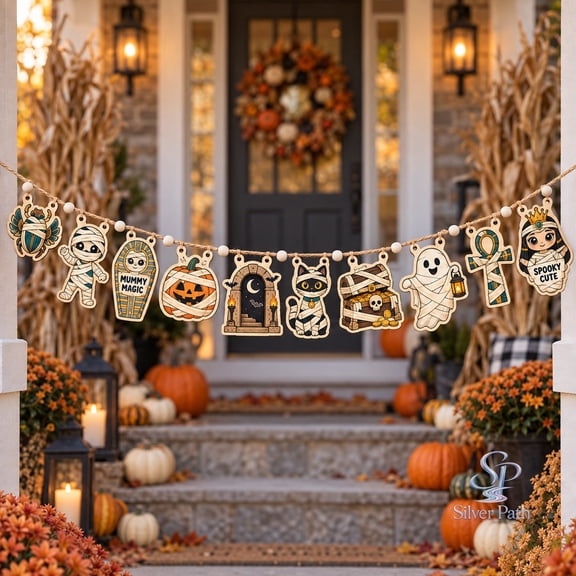 Ornament Wooden Garland Mummy Halloween Bunting for Porch Entryway Seasonal Party Decor