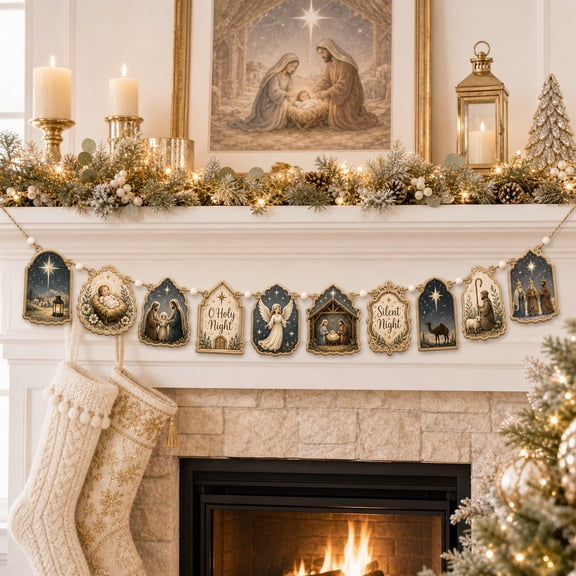 Wooden Garland Nativity Scene Wood Mantel Hanging for Religious Christmas