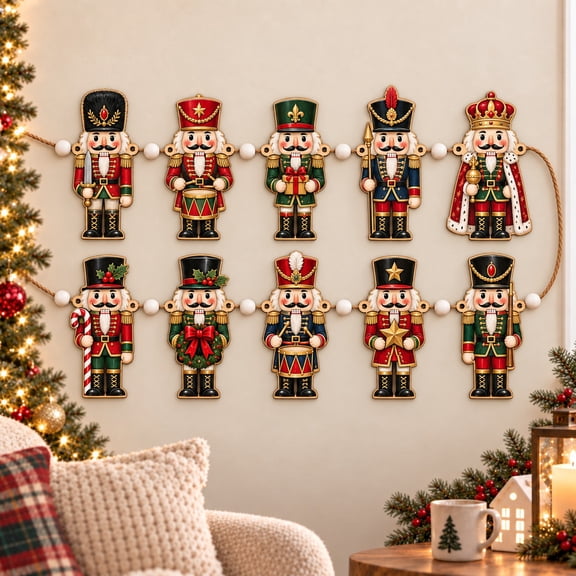 Wooden Garland Nutcracker Soldier Ornaments for Mantel Decorating, Traditional Christmas Gift