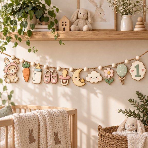 Wooden Garland Ornament, Bunny First Month Milestone Wall Hanging