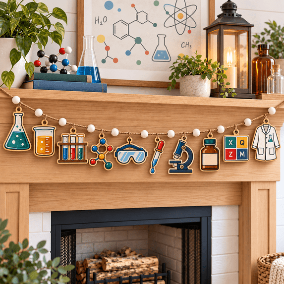 Wooden Garland Ornament, Chemistry Lab Icons Hanging Decoration for ...