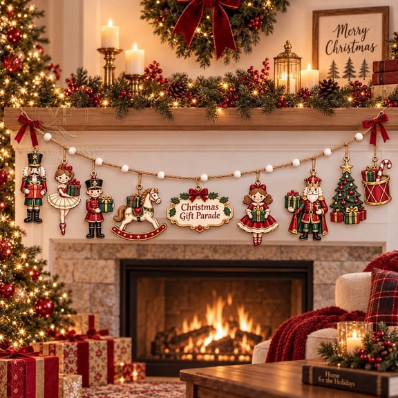 Wooden Garland Ornament, Christmas Gift Parade Figures for Mantel Decor, Holiday Display