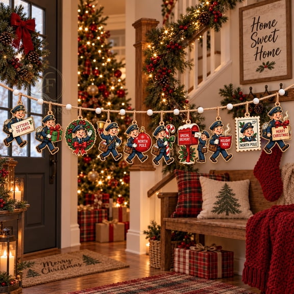 Wooden Garland Ornament, Christmas Mail Carrier Holiday Hanging Decor for Porch and Mantel