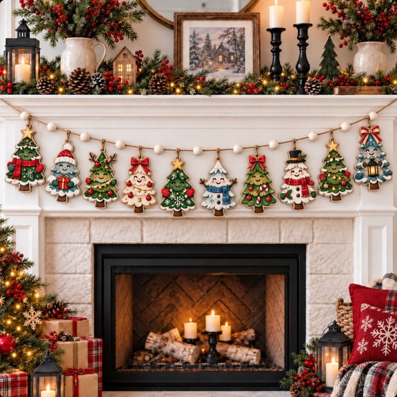 Wooden Garland Ornament Christmas Tree Characters for Fireplace Mantel Holiday Decorating