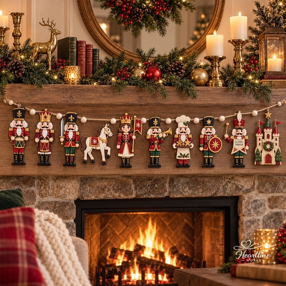 Wooden Garland Ornament, Classic Red Gold Nutcracker Parade Mantel Display for Christmas