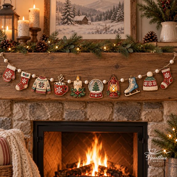 Wooden Garland Ornament Cozy Christmas Icons Mantel Hanging for Holiday Decorating