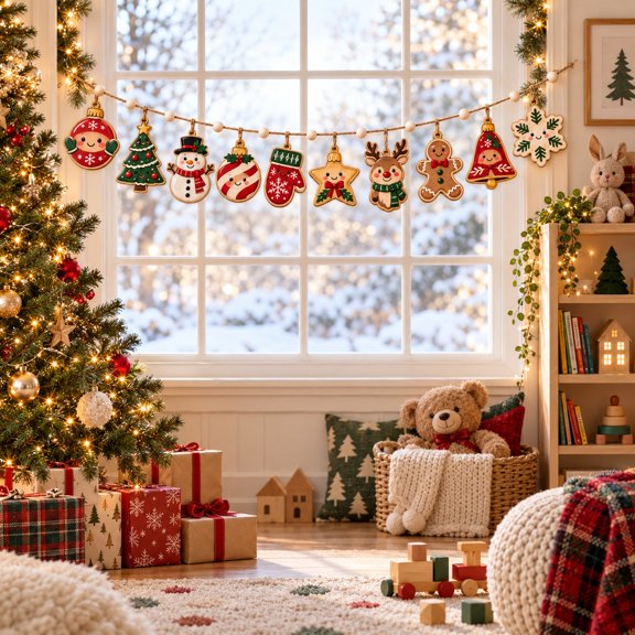 Wooden Garland Ornament, Festive Christmas Character Mantel Hanging for Holiday Hosts