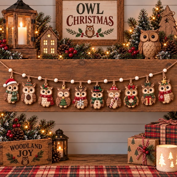 Wooden Garland Ornament, Festive Owl Christmas Mantel Hanging for Winter Holiday Decor