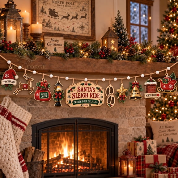 Wooden Garland Ornament, Santa Sleigh Ride, Mantel Hanging Christmas Decor