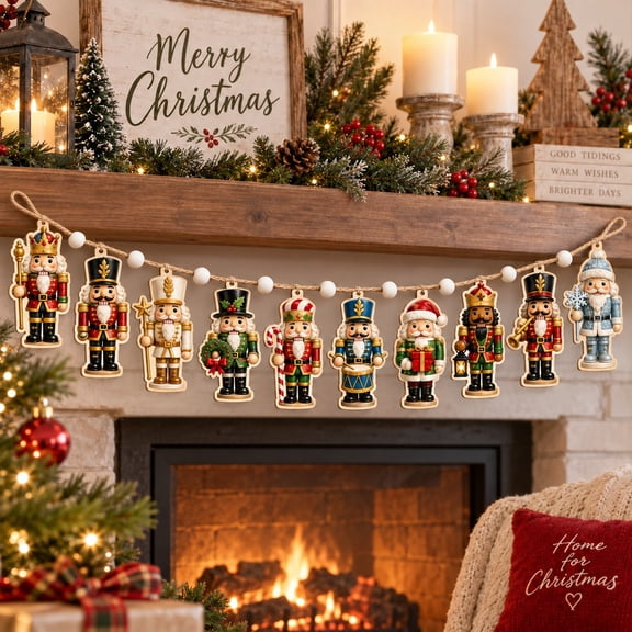 Wooden Garland Ornament, Traditional Nutcracker Soldiers for Christmas Mantel Display and Holiday
