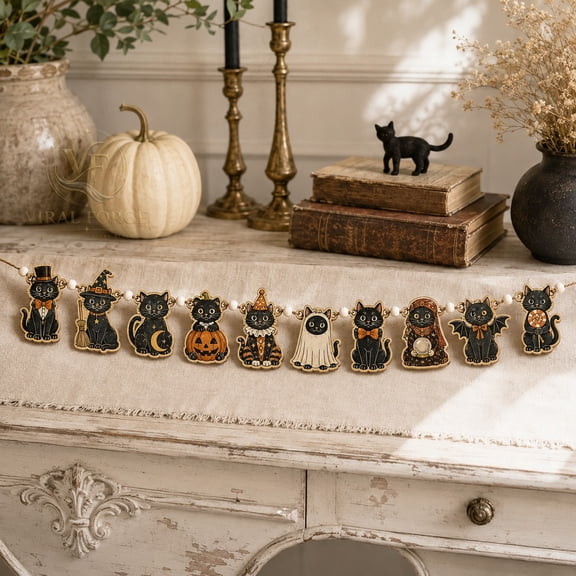 Wooden Garland Ornament Vintage Black Cat Masquerade Wood Mantel Decor for Halloween Cat Lovers