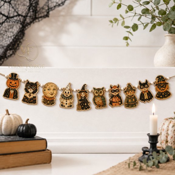 Wooden Garland Ornament Vintage Halloween Masquerade Wooden Bead Mantel Banner for Halloween Parties
