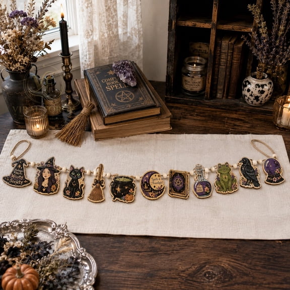 Wooden Garland Ornament Vintage Witch Hat Society Beaded Halloween Mantel Decor for Witchy Fall Homes