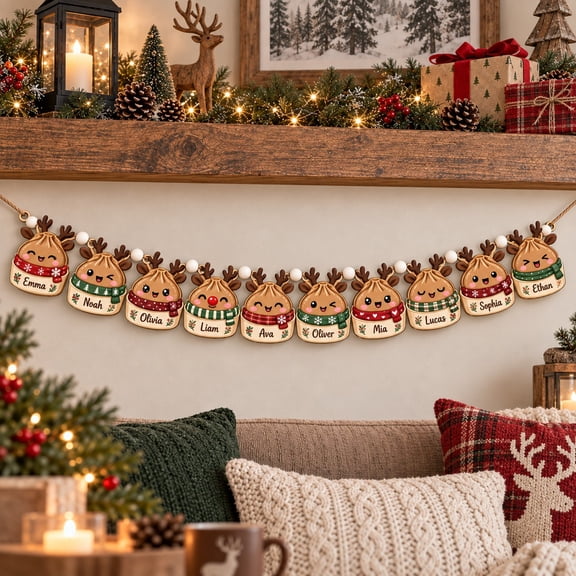 Wooden Garland, Personalized Reindeer Dumpling Family Christmas Mantel Decoration, Holiday Gift