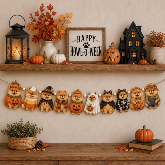 Wooden Garland Pomeranian Halloween Costume Wood Hanging Decoration for Dog Lovers