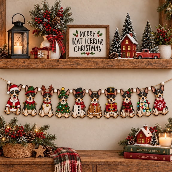 Wooden Garland Rat Terrier Christmas Dogs Mantel Decoration for Pet Lovers