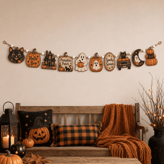 Wooden Garland Retro Halloween Faces Wood Hanging Decor for Fall Party and Spooky Season