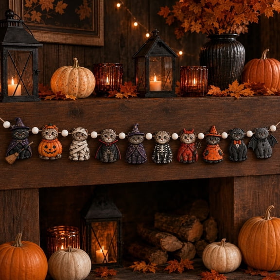Wooden Garland, Scottish Fold Halloween Characters, Mantel Display Decoration for Seasonal Enthusiasts