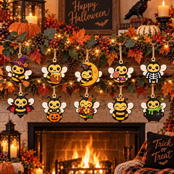 Wooden Garland Set of 10 Halloween Bees, Wood Hanging Decorations for Seasonal Displays, Beekeeper Gift