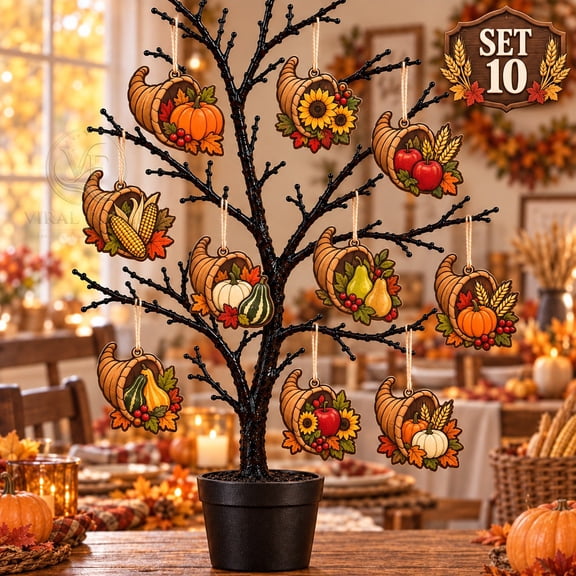 Wooden Garland Set of 10, Thanksgiving Cornucopia Harvest Wood Tree Decor, Host Gift