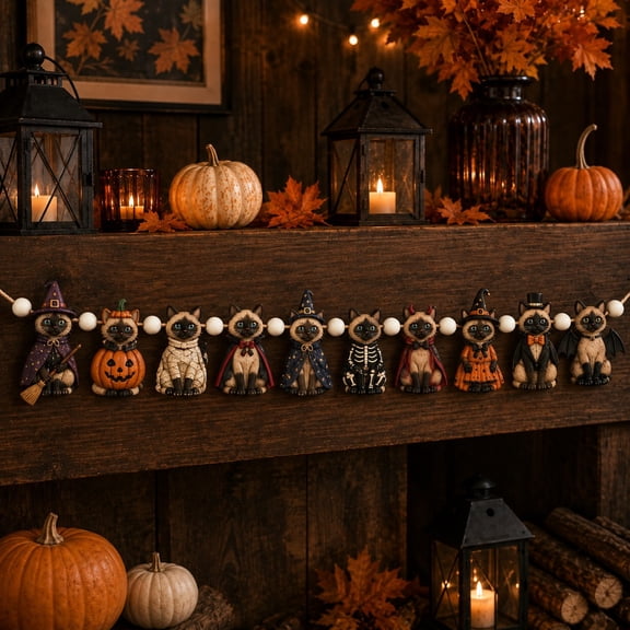 Wooden Garland Tonkinese Halloween Cats for Mantel Decor, Party Hosts