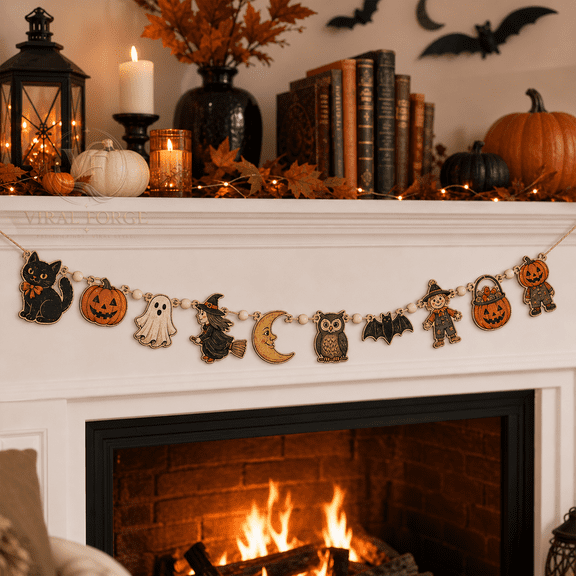 Wooden Garland Vintage Halloween Parade Wood Bead Mantel Hanging for Halloween Decor