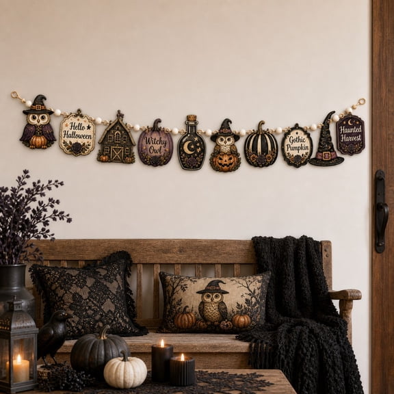 Wooden Garland Witch Owl Gothic Pumpkin Wood Hanging Banner for Halloween Entryway