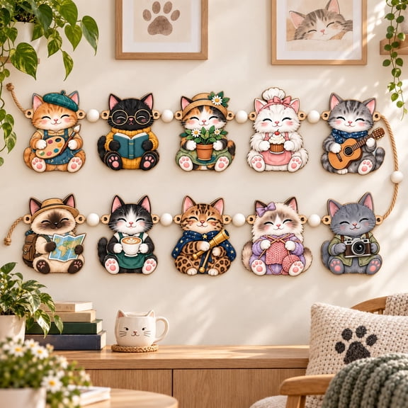 Wooden Garland with 10 Whimsical Cat Characters, Festive Christmas Hanging Decoration for Feline Lovers