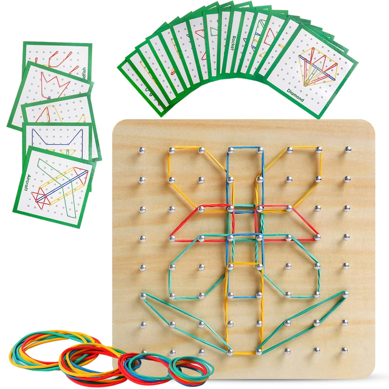 Wooden Geoboard With 42 Pattern Cards - Montessori STEM Toy For Kids Math & Geometry Learning