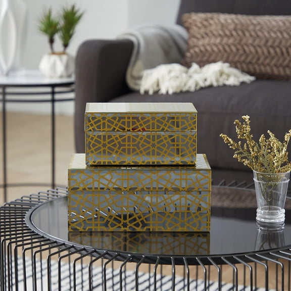 Wooden Geometric Decorative Box Hinged Lid Decorative Keepsake Boxes, Set of 2 Storage Boxes 11", 9"W, Gold