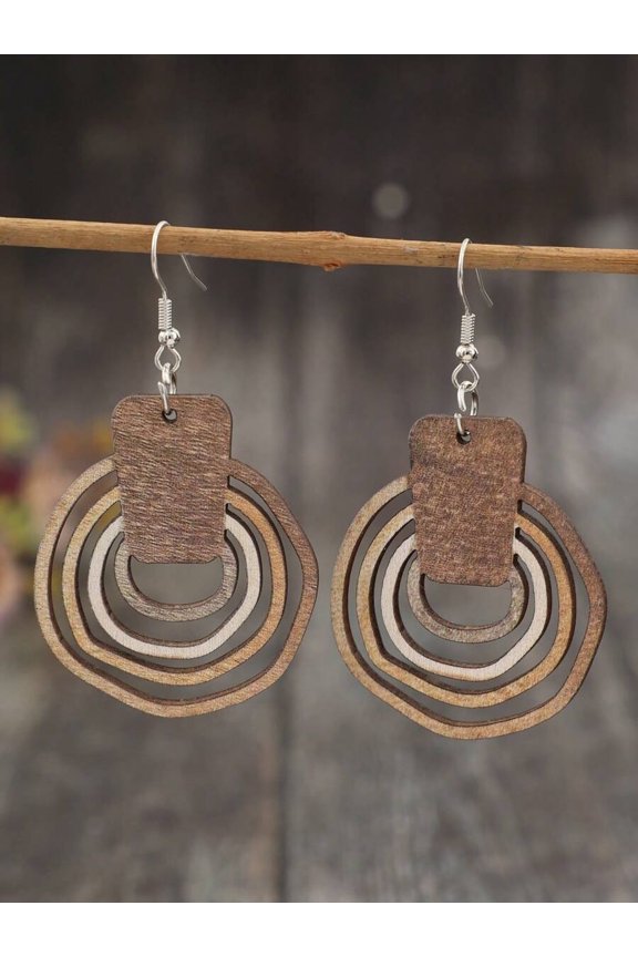 Wooden Geometric Layered Round Dangle Earrings EA5013 Brown