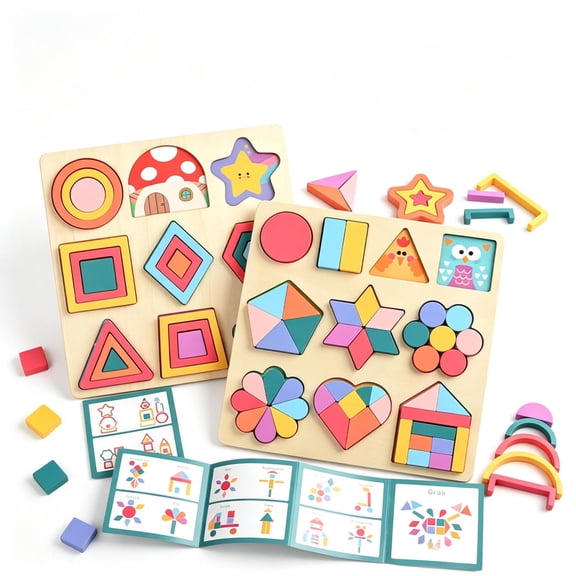 Wooden Geometry Shape Sorting Puzzle Boards for Toddlers Age 3+, Montessori Preschool Math Educational Block Game, Color Matching Fine Motor Screen-Free Toy, Christmas Holiday Gift for Boys Girls